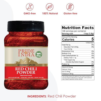 Pride Of India – Red Chili Ground – Traditional Indian Spice – Ideal for Gourmet & Savory Dishes Dishes – GMO/Gluten Free – Easy to Store - 8oz. Medium Dual Sifter Jar