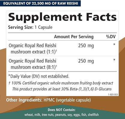 PURE ESSENCE LABS MyPure Reishi 4X Organic Mushrooms Supplement - 100% Real Mushroom Extract for Immune Support, Stress Relief, Build Energy (60 Capsules)