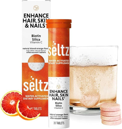 Seltz® Water-Activated Vitamins - Enhance Hair, Skin & Nails with Vitamin C, Silica, and Biotin – Natural Blood Orange Flavor Dietary Supplement - 1 Pack x 20 Effervescent Tablets
