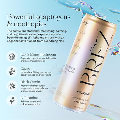BRĒZ Mushroom Drink Variety Pack - Flow, Dream & Elevate - Lion’s Mane, Reishi, Cordyceps Mushrooms, Non-Infused, Adaptogen Tonics for Focus, Sleep, Mood & Energy, Vegan, 12 fl oz Cans (24 Pack)