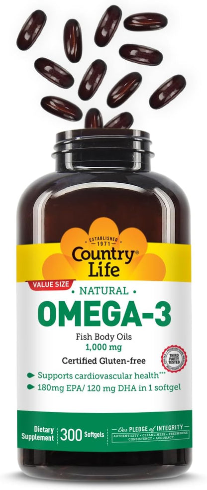 Country Life Omega-3 Fish Oil Supplement, 1000mg, 180mg EPA & 120mg DHA, Fish Oil Concentrate, Burpless, 300 Softgels, Certified Gluten Free