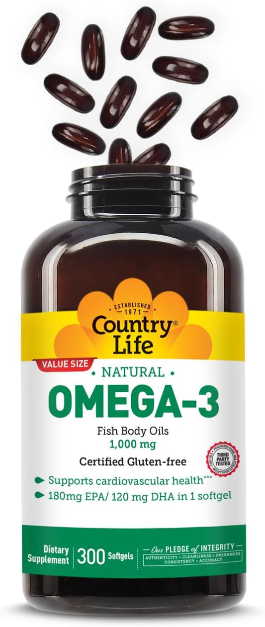 Country Life Omega-3 Fish Oil Supplement, 1000mg, 180mg EPA & 120mg DHA, Fish Oil Concentrate, Burpless, 300 Softgels, Certified Gluten Free