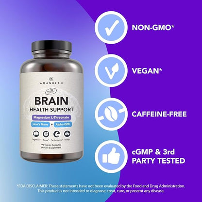 AMANDEAN Brain Supplement. Nootropic Cognitive Support for Memory, Focus, Clarity. Magnesium L-Threonate (Magtein), Lion's Mane Mushroom Extract, Alpha GPC Choline Complex. 90 Veggie Capsules.