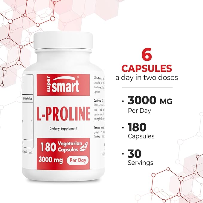 Supersmart - L-Proline 3000mg per Day (High Strength) - Normal Collagen Production - Amino Acid Proline Supplement | Non-GMO & Gluten Free - 180 Vegetarian Capsules