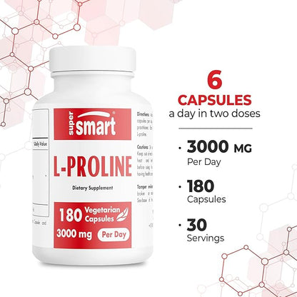 Supersmart - L-Proline 3000mg per Day (High Strength) - Normal Collagen Production - Amino Acid Proline Supplement | Non-GMO & Gluten Free - 180 Vegetarian Capsules