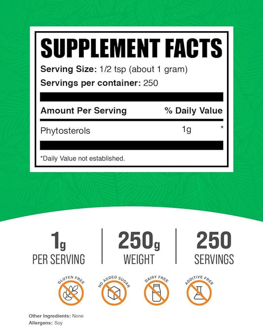 BulkSupplements.com Phytosterols Powder - Phytosterols Supplement, Beta Sitosterol Supplement - Sourced from Soy, Gluten Free, 1g per Serving, 250g (8.8 oz) (Pack of 1)