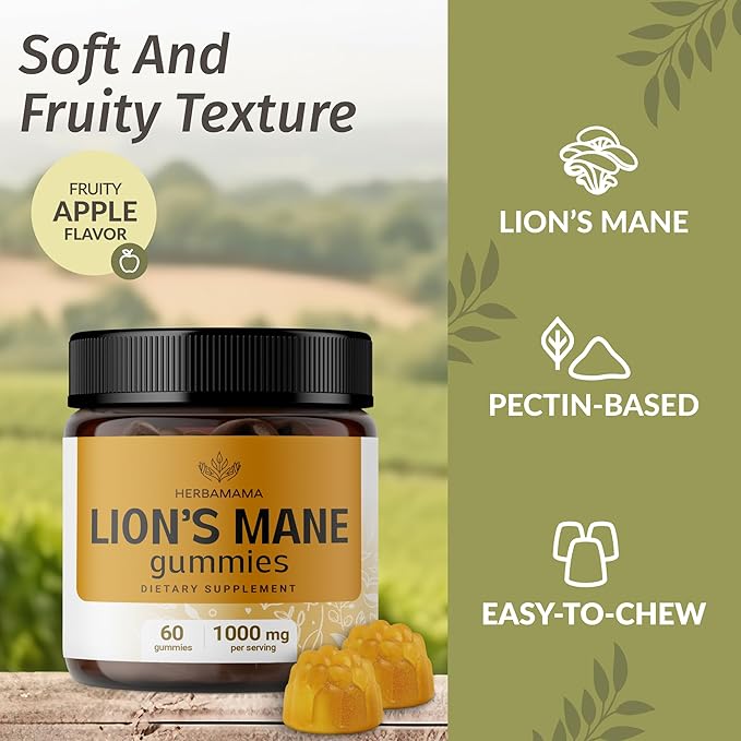 HERBAMAMA Lion's Mane Gummies - 1000mg Lion's Mane Mushroom for Brain Clarity Support - Vegan, Non-GMO Focus Supplement for Adults - 60 Pectin-Based Apple-Flavored Chews