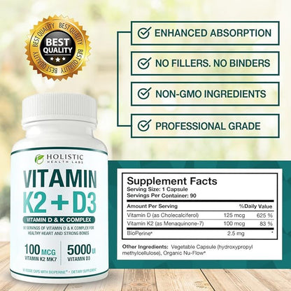 Max Absorption Vitamin K2 + D3 (5000IU) 90 Veggie Capsules from MK-7 (Menaquinone-7) and Cholecalciferol (with BioPerine) 3-Months Supply – D3 with K2 for Healthy Heart and Strong Bones | Non-GMO