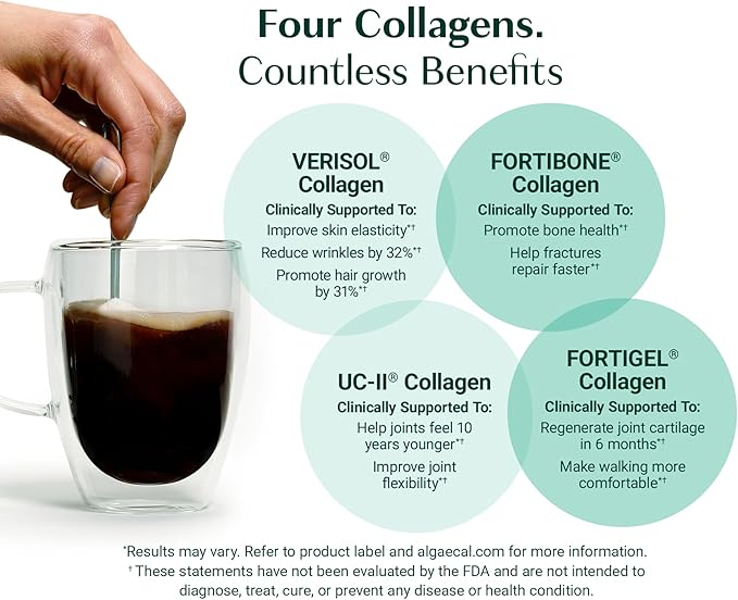 ALGAECAL Collagen - 4 Clinically-Supported Peptides VERISOL®, FORTIGEL®, UC-II®, FORTIBONE®, Anti-Aging Hydrolyzed Collagen Powder, 3 Packs, Made in USA