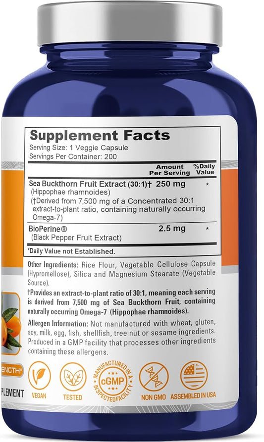 NusaPure Sea Buckthorn Omega-7 30:1 Extract, 250 mg Equivalent to 7,500mg per Veggie Caps - 200 Capsules - Non-GMO & Vegan