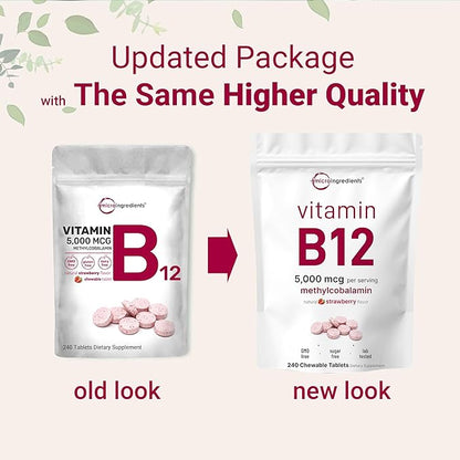 Micro Ingredients Vitamin B12 | Methyl B12 Active Form – 240 Chewable Tablets | Fast Dissolve, Natural Strawberry Flavor | Supports Energy & Metabolism Health | Vegan, Non-GMO, Gluten Free