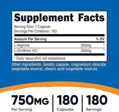 Nutricost L-Arginine L-Ornithine 750mg; 180 Capsules
