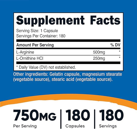 Nutricost L-Arginine L-Ornithine 750mg; 180 Capsules