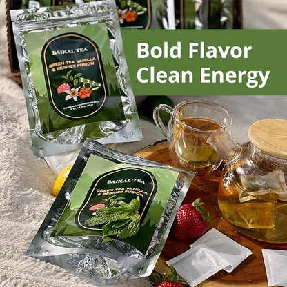 Baikal Tea Green Tea Vanilla & Berries Fusion – Antioxidant-Rich Herbal Blend with Sea Buckthorn, Lime and Mint – Fruity & Smooth Flavor, Caffeine Boost – 100% Natural 30 Tea Bags