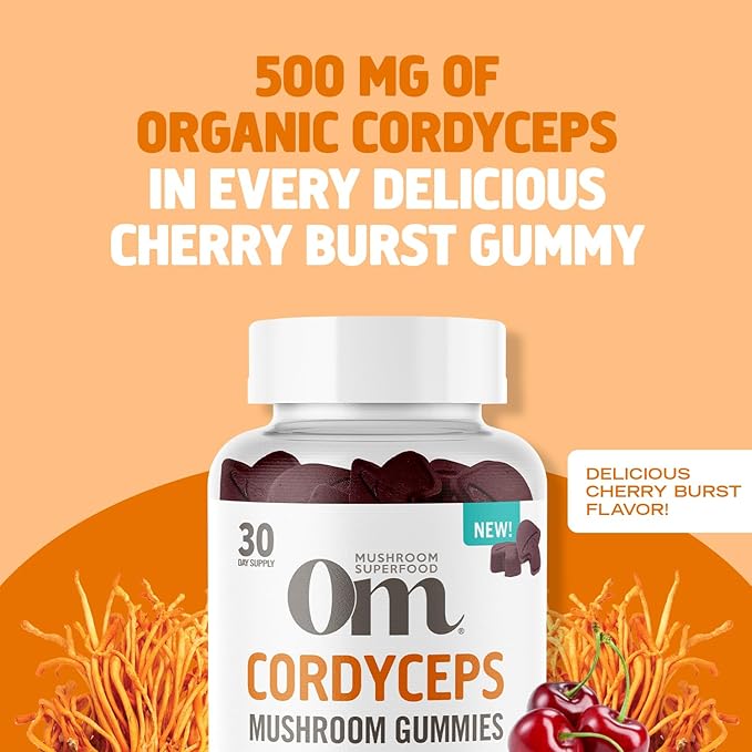 OM MUSHROOM SUPERFOOD Cordyceps Gummies, USA Grown Organic Mushrooms, Supports, Endurance, Energy, & Recovery, 60 Count, 30 Servings Gummy Supplements