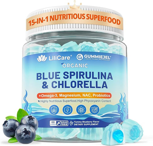 Organic Blue Spirulina Chlorella Gummies, Super Greens & Superfoods, Excellent Source of Vegan Protein, Chlorophyll, B-Complex, Essential Minerals for Energy, Antioxidants, Det❤x, Sugar Free, 60 Cts