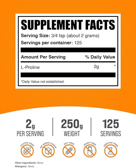 BulkSupplements.com L-Proline Powder - Proline Supplements, Amino Acid Powder - Unflavored & Gluten Free, 2g per Serving, 250g (8.8 oz) (Pack of 1)