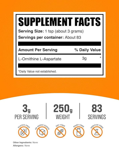 BulkSupplements.com L-Ornithine L-Aspartate Powder - Ornithine Supplement, Amino Acid Supplement - Gluten Free, 3g per Serving, 250g (8.8 oz) (Pack of 1)