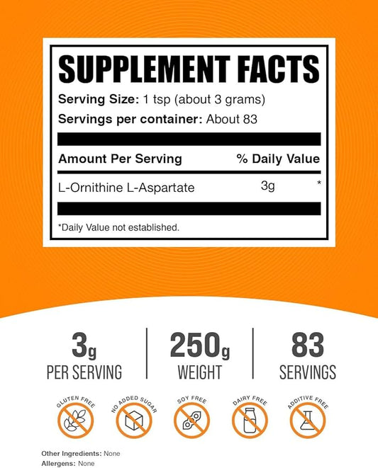 BulkSupplements.com L-Ornithine L-Aspartate Powder - Ornithine Supplement, Amino Acid Supplement - Gluten Free, 3g per Serving, 250g (8.8 oz) (Pack of 1)