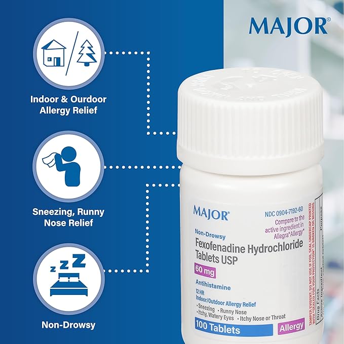 MAJOR Fexofenadine Hydrochloride Tablets USP, 60 mg - Non-Drowsy Allergy Medicine - Antihistamine - 12 Hour Indoor/Outdoor Allergy Relief - 100 Tablets