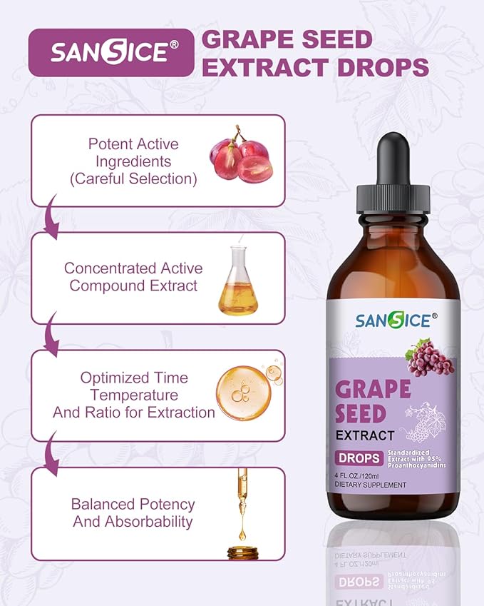 Grape Seed Liquid Drops, Organic Grape Seed Extract Supplement Standardized to 95% Polyphenols, High Absorption Vitis Vinifera Seed Tincture with Vitamin C & E, Alcohol Free, Non-GMO (4 FL OZ)
