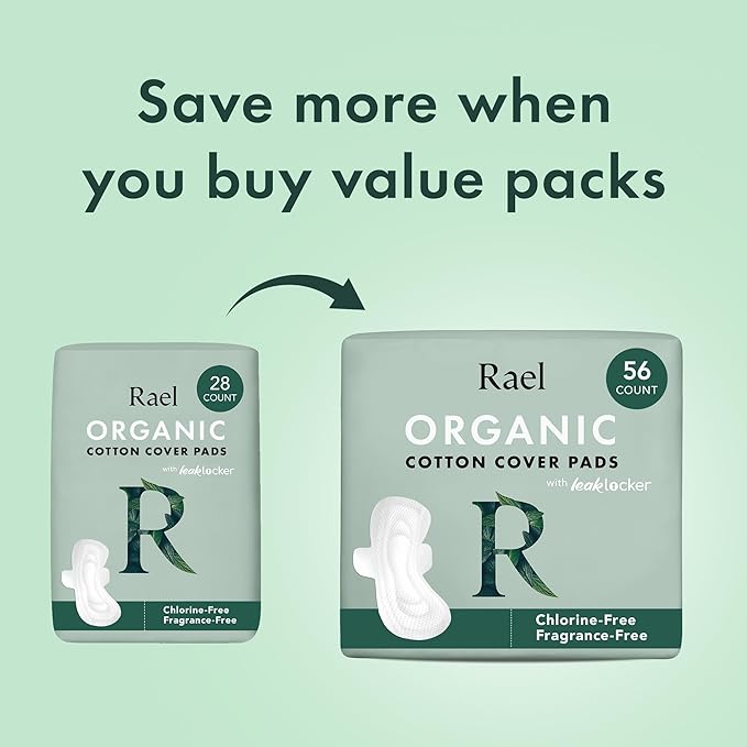 Rael Pads for Women, Organic Cotton Cover - Period Pads with Wings, Feminine Care, Sanitary Napkins, Heavy Absorbency, Unscented (Large, 24 Count)