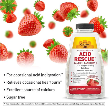 Country Life Acid Rescue Chewable Tablets - Certified Vegan & Gluten-Free Heartburn Relief, 400mg Calcium & Magnesium, Non-GMO, Sugar-Free Berry Flavor, Supports Bone Health, 220 Count