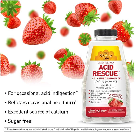 Country Life Acid Rescue Chewable Tablets - Certified Vegan & Gluten-Free Heartburn Relief, 400mg Calcium & Magnesium, Non-GMO, Sugar-Free Berry Flavor, Supports Bone Health, 220 Count