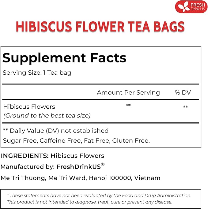 FRESHDRINKUS, Premium 30 Hibiscus Flowers Tea Bags, 100% Natural & Pure from Hibiscus Flowers. Loose Flower Hibiscus Herbal Tea. No Sugar, No Caffeine, No Gluten, Vegan.