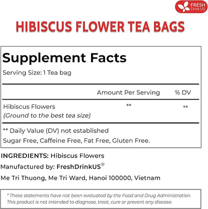FRESHDRINKUS, Premium 30 Hibiscus Flowers Tea Bags, 100% Natural & Pure from Hibiscus Flowers. Loose Flower Hibiscus Herbal Tea. No Sugar, No Caffeine, No Gluten, Vegan.