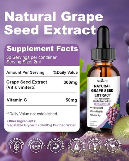 Natural Grape Seed Extract Drops-300 mg Grape Seed Extract Liquid Supplement - Maximum Strength Vitis Vinifera Seed Tincture, Standardized to 95% Polyphenols, Non-GMO, Gluten Free (60ml)