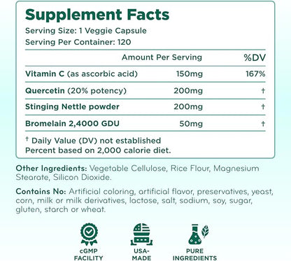 Histamine Guard Immune Support Supplement - Herbal Sinus Respiratory and Immunity Support Histamine Blocker with Stinging Nettle Vitamin C Bromelain and Quercetin Complex - Non-Drowsy (120 Capsules)