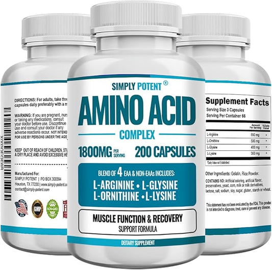 Simply Potent Amino Acid Complex 1800mg 200 Capsules, Blend of 4 Essential and Non Essential Amino Acids, Includes L-Arginine 550mg, L-Ornithine 500mg, L-Glysine 400mg & L-Lysine 350mg for Muscle