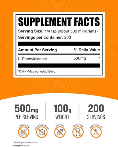 BulkSupplements.com L-Phenylalanine Powder - Phenylalanine Supplement, L-Phenylalanine 500mg - Amino Acids Supplement, Gluten Free, 500mg per Serving, 100g (3.5 oz) (Pack of 1)