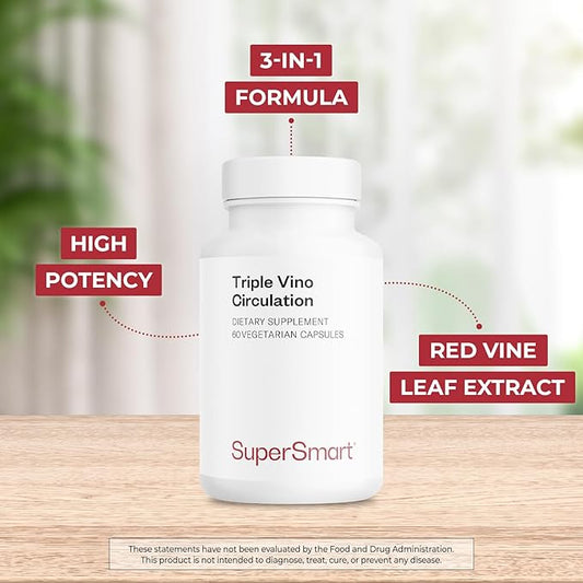 Supersmart - Triple Vino Circulation (High Potency) - 3-in-1 Formula - Red Vine Leaf Extract - with Grape Seed & Marc | Vegan & Gluten Free - 60 Veg Capsules