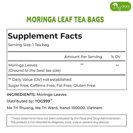 TOG999, Premium 60 Moringa Leaf Tea Bags, 100% Natural & Pure from Moringa Leaves. Loose Leaf Moringa Herbal Tea. Moringa Leaf Tea. No Sugar, No Caffeine, No Gluten, Vegan.
