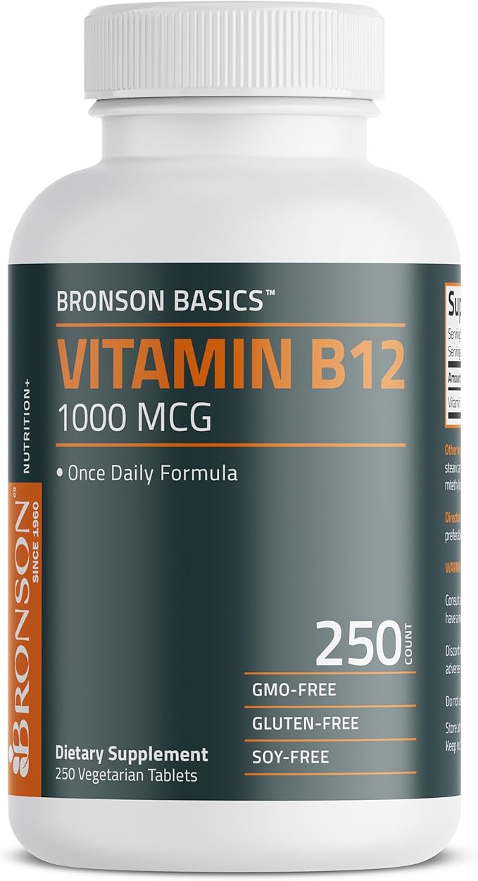 Bronson Vitamin B12 1000mcg Once Daily Formula Non-GMO, 250 Vegetarian Tables