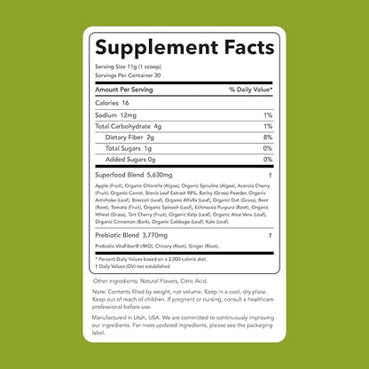 Clean Simple Eats Super Greens Powder, Naturally Flavored Greens Powder with Chlorella, Spirulina, Superfoods & Prebiotic Fiber, No Artificial Ingredients, Gluten Free, Green Apple Flavor, 30 Servings