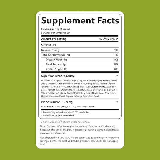 Clean Simple Eats Super Greens Powder, Naturally Flavored Greens Powder with Chlorella, Spirulina, Superfoods & Prebiotic Fiber, No Artificial Ingredients, Gluten Free, Green Apple Flavor, 30 Servings