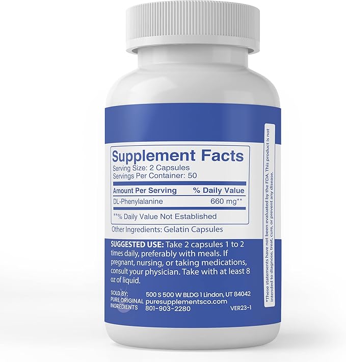 Pure Original Ingredients DLPA DL-Phenylalanine, (100 Capsules) Always Pure, No Additives Or Fillers, Lab Verified