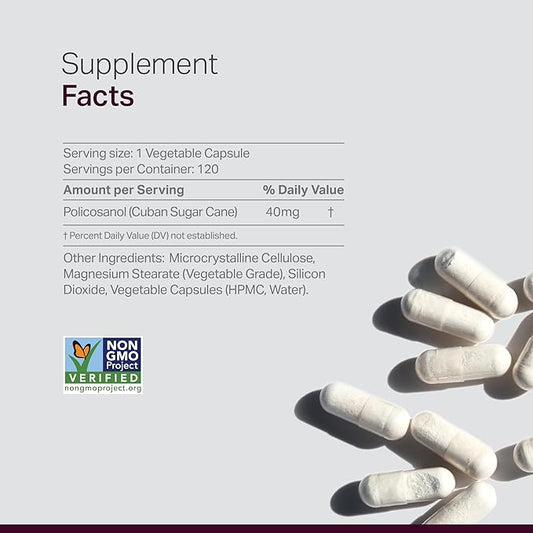Anew Vitaㅤ Policosanol Supplement - Healthy Lipid Levels, Platelet Function & Circulation, Cuban Sourced Sugarcane, 40mg per Serving, Non-GMO, Gluten-Free - 120 Veggie Capsules, Made in USA