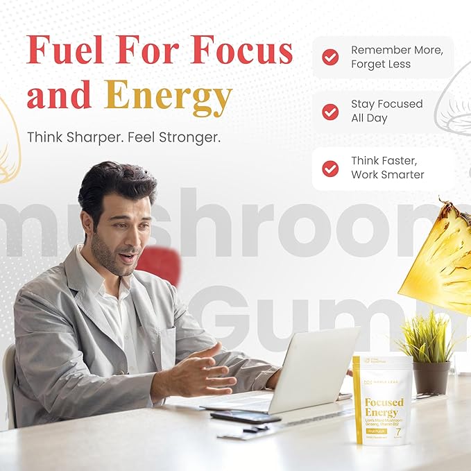 Lion's Mane Mushroom Gummies for Focus and Energy - Focus Gummies for Adults with American Ginseng & B12 for Clarity & Natural Energy, Gluten Free, Fruit Punch Flavor, 7 Count