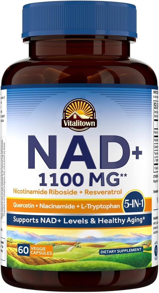 Vitalitown NMN Supplement Alternatives, NAD Supplement 1100mg Boosted with Resveratrol & Nicotinamide Riboside - Anti-Aging Cellular Energy, Longevity - Enhanced Absorption Formula - 60 Vegan Capsules