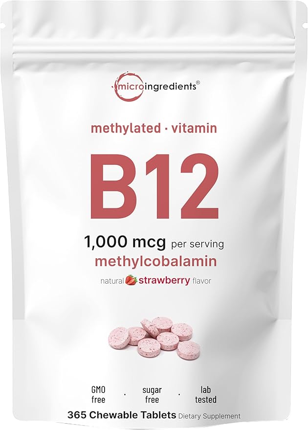 Micro Ingredients Vitamin B12 | Methyl B12 Active Form – 365 Chewable Tablets | Fast Dissolve, Natural Strawberry Flavor | Supports Energy & Metabolism Health | Vegan, Non-GMO, Gluten Free