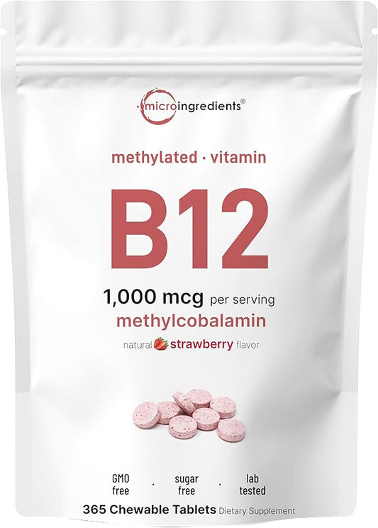 Micro Ingredients Vitamin B12 | Methyl B12 Active Form – 365 Chewable Tablets | Fast Dissolve, Natural Strawberry Flavor | Supports Energy & Metabolism Health | Vegan, Non-GMO, Gluten Free