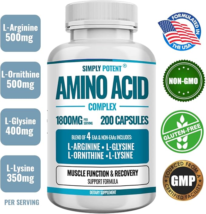 Simply Potent Amino Acid Complex 1800mg 200 Capsules, Blend of 4 Essential and Non Essential Amino Acids, Includes L-Arginine 550mg, L-Ornithine 500mg, L-Glysine 400mg & L-Lysine 350mg for Muscle