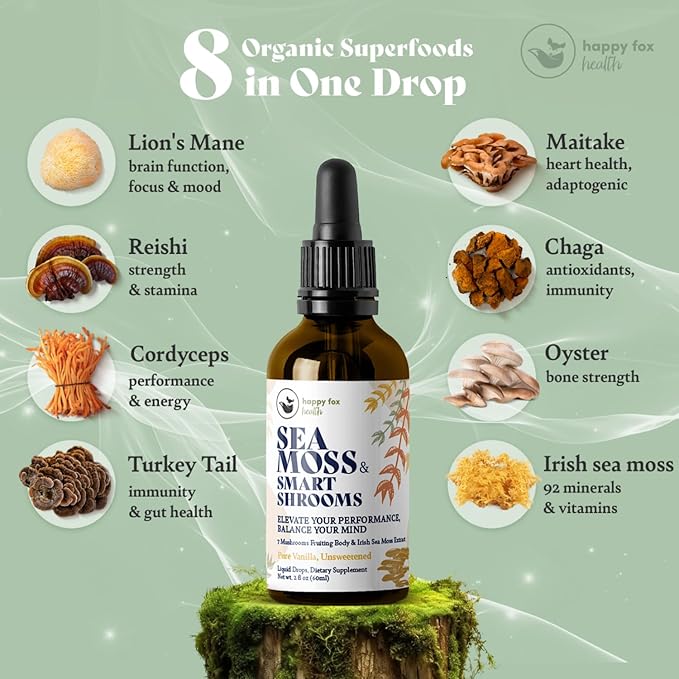 HAPPY FOX Irish Sea Moss Liquid Drops & Mushroom Tincture - Seamoss with 7 Adaptogenic Mushroom Extracts for Cognitive Support & Gut Health, Mushroom Coffee Elixir, Pure Vanilla Flavor