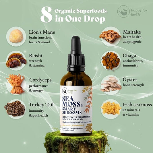HAPPY FOX Irish Sea Moss Liquid Drops & Mushroom Tincture - Seamoss with 7 Adaptogenic Mushroom Extracts for Cognitive Support & Gut Health, Mushroom Coffee Elixir, Pure Vanilla Flavor