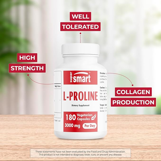 Supersmart - L-Proline 3000mg per Day (High Strength) - Normal Collagen Production - Amino Acid Proline Supplement | Non-GMO & Gluten Free - 180 Vegetarian Capsules