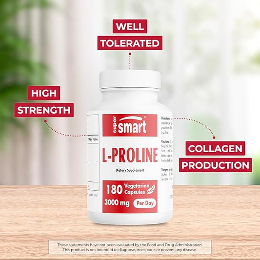Supersmart - L-Proline 3000mg per Day (High Strength) - Normal Collagen Production - Amino Acid Proline Supplement | Non-GMO & Gluten Free - 180 Vegetarian Capsules